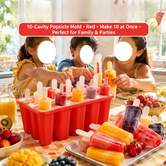 PLERISE Homemade Popsicle Molds, 10 Cavity Non-BPA Silicone Ice Pop Maker with 10 Reusable Sticks, Funnel and Brush, Red