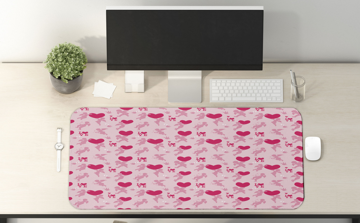 Love Computer Mouse Pad, Pattern with Silhouettes of Angel Heart Bird and Calligraphic Text Love Artwork Print, Rectangle Non-Slip Rubber Mousepad X-Large, 35" x 15", Rose Pink, by Ambesonne - image 2 of 2