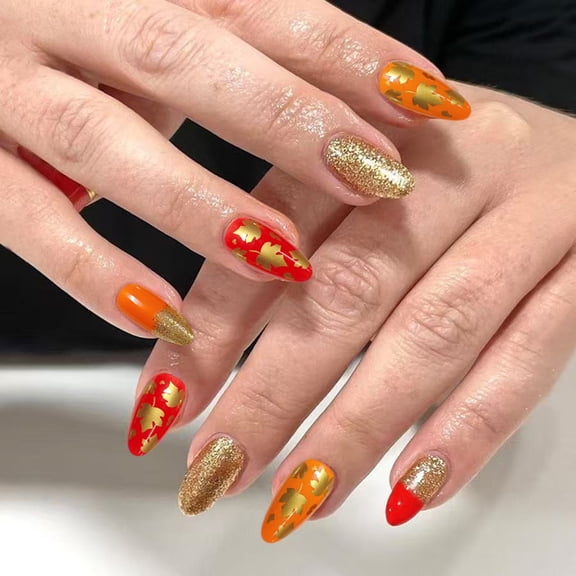 Fallen Maple Leaves Press on Nail Acrylic Fake Nail Thanksgiving False Nail