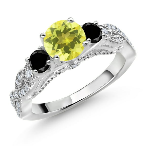 Gem Stone King 925 Sterling Silver Canary Mystic Topaz Black Diamond and White Moissanite Engagement Ring for Women (1.47 Cttw, Gemstone, Round 6MM and 3MM, Size 6)
