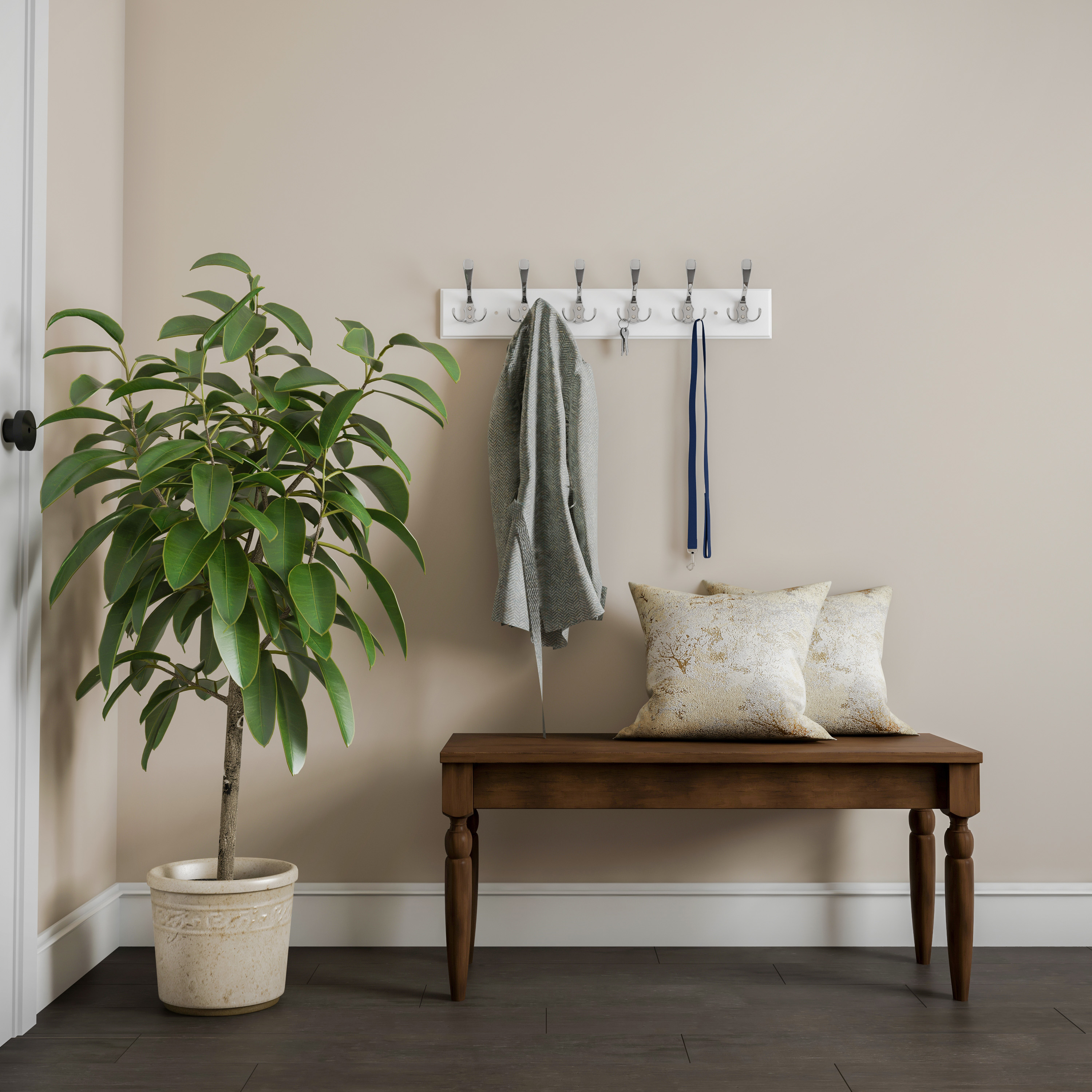 Wall Hook Rail-Mounted Hanging Rack With 6 Hooks-Entryway, Hallway, Or Bedroom-Storage Organization For Coats, Towels, Bags By Lavish Home (White)