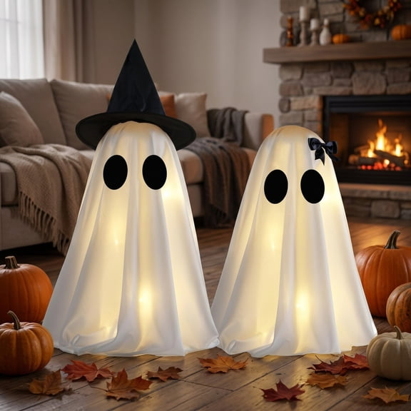 OKKVV Halloween Large Light Up Couple Ghost Tabletop Decor Set of 2, Witch Hat & Bow Fabric Ghost with Battery Operated LED Lights, Spooky Standing Ornaments for Mantel Table Front Porch Party Decor