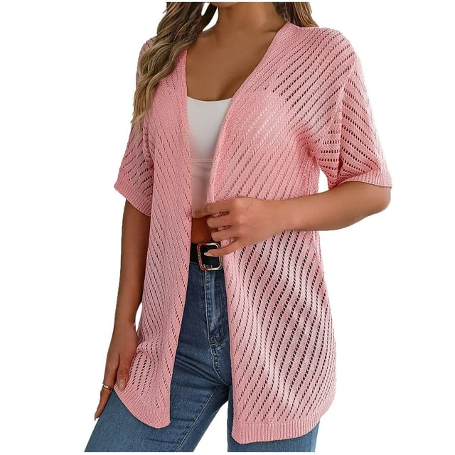 Timegard Cardigan pour Femmes Manches 1/2 Ouvert Léger Ajouré Tenue de Plage Décontractée Ample Couvre-Maillot