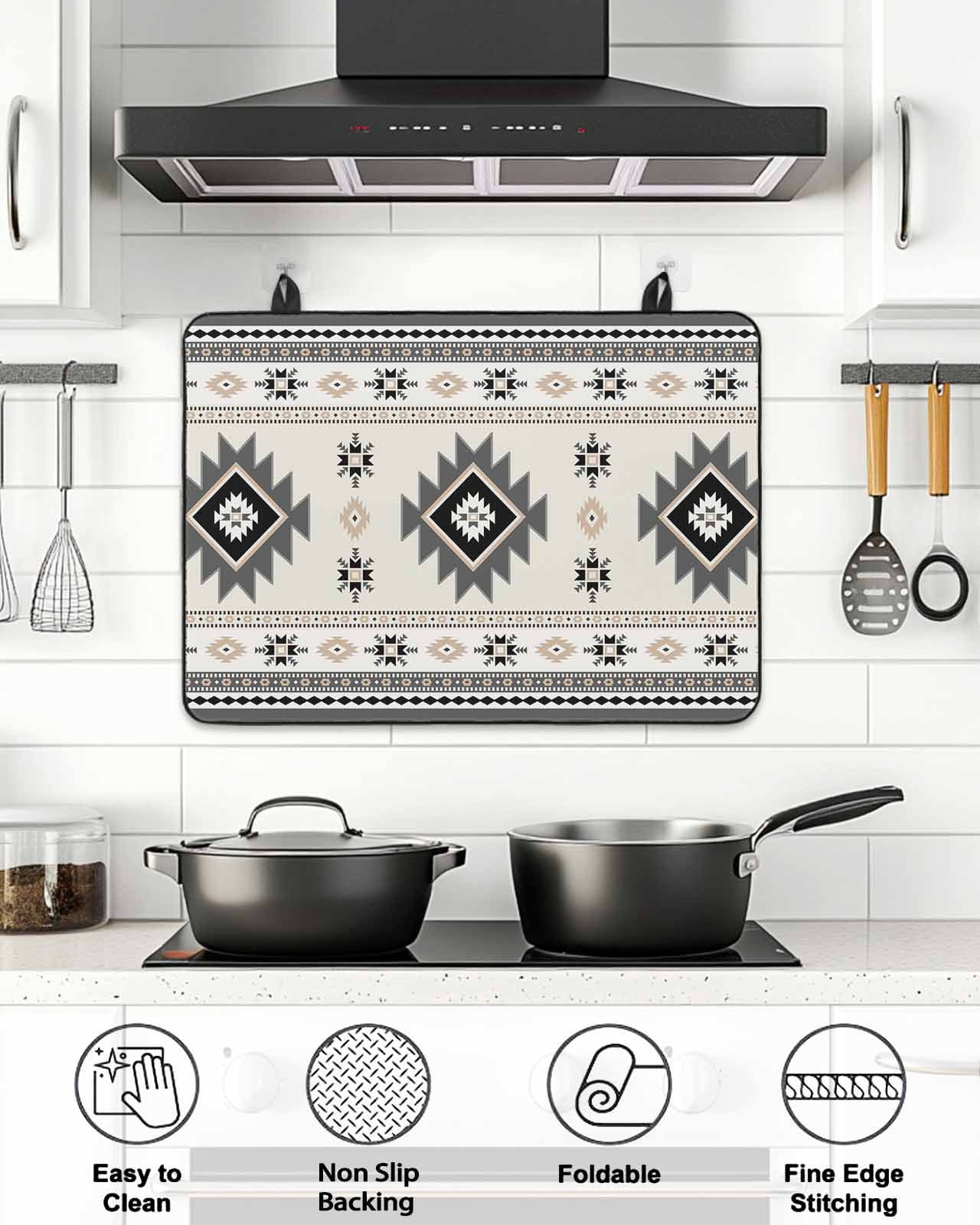 Stove Top Covers for Electric Stove, Gray Beige Boho Glass Stovetop Cover Protector, Ethnic Tribe Southwestern Vintage Induction Cooktop Protector Oven Mat for Kitchen Countertop 24"x21"