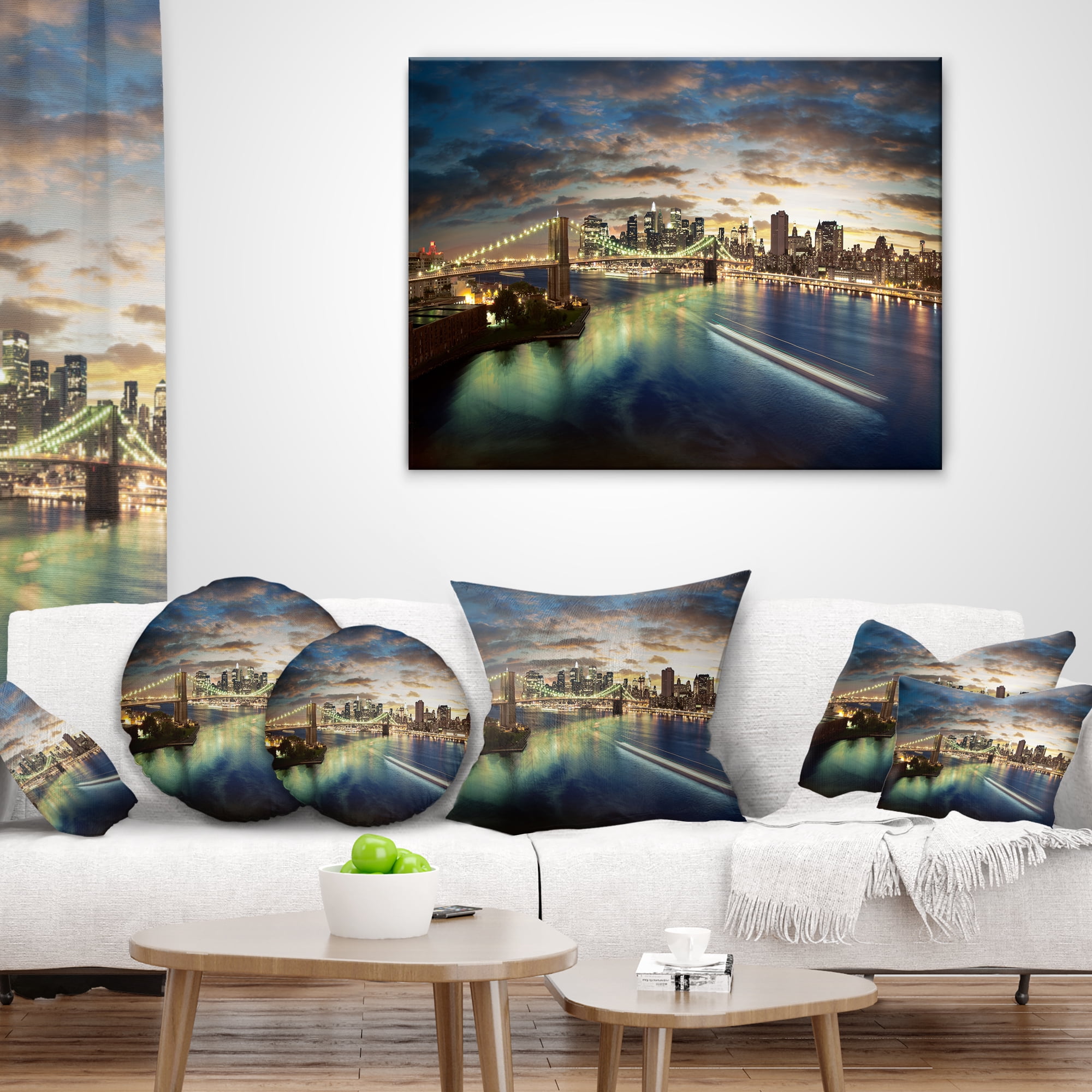 Designart New York Under Cloudy Skies - Cityscape Photo Throw Pillow - 12x20