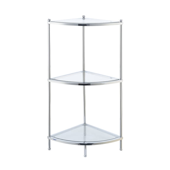 Pemberly Row Three-Tier Corner Shelf in Clear Glass/ Chrome