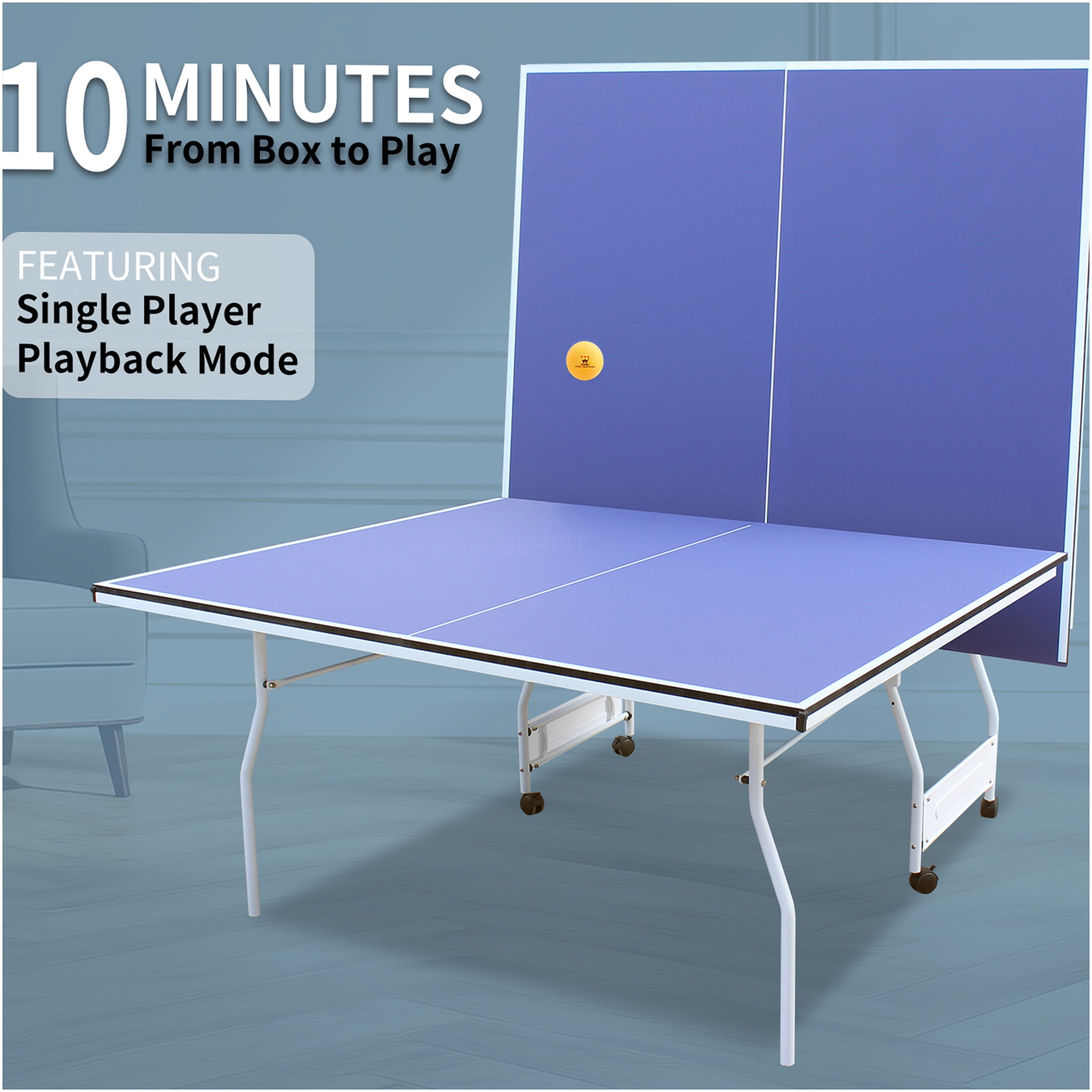 JERFIT 9ft Foldable Indoor Ping Pong Table Set with Net, Paddles & Balls, Professional MDF Top for Home and Office Games