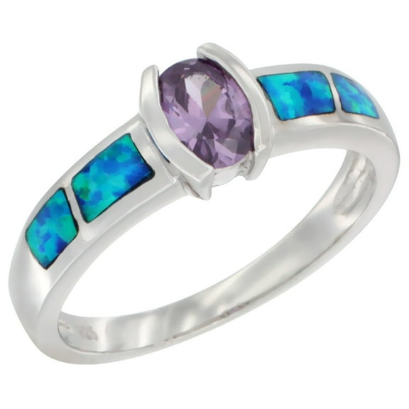 925 Sterling Silver Synthetic Blue Opal CZ Amethyst Oval Ring 8mm