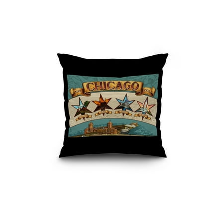 Chicago, Illinois - Four Stars - Lantern Press Artwork (18x18 Spun Polyester Pillow, Black