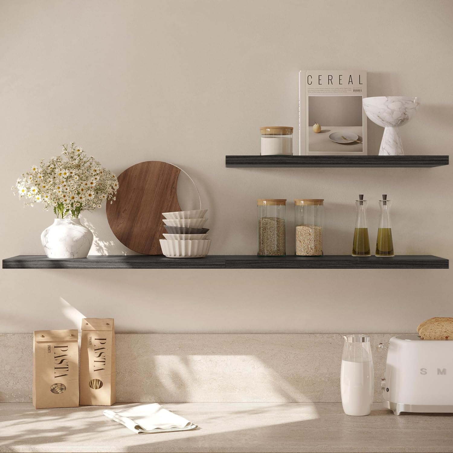 Dumekko Large Floating Shelves for Wall Set of 1 Wooden Wall Shelves 36 in x 12.75 in x 2 in Room Decor Long Shelf with Invisible Wall Mount Bracket for Bedroom, Kitchen, Living Room, Black Wood