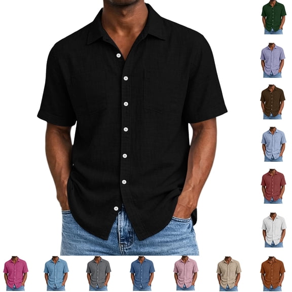 hoksml Men's Lapel Short Sleeve Button Down Shirt, 100% Cotton Dual Pocket Loose Shirts for Daily Casual Outdoor Wear