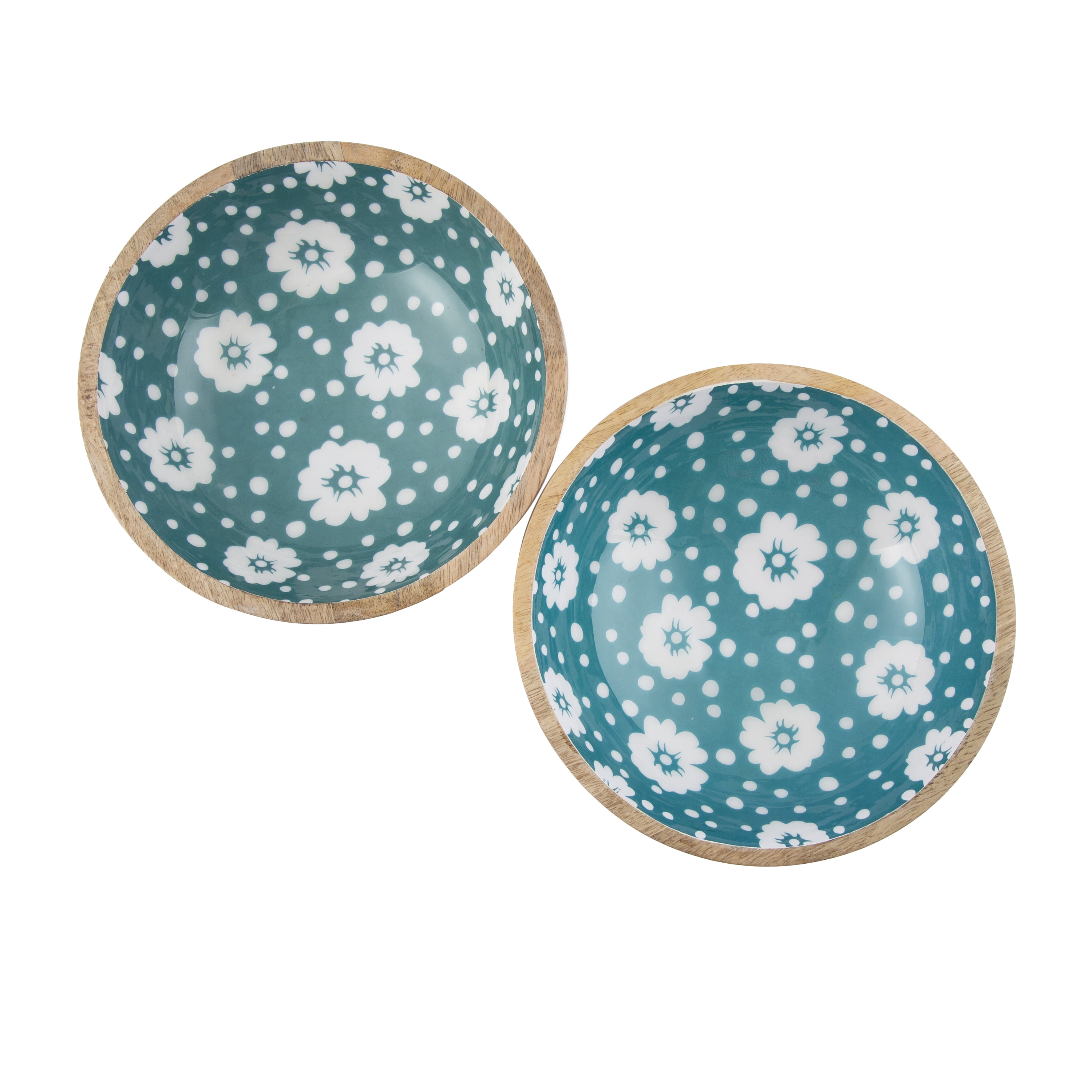 7” Teal Polka Dots Wood/Enamel Salad Bowl, set of 2