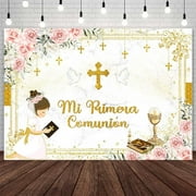 Mi Primera Comunion Backdrop for Girls Christening God Bless Baptism First Holy Communion Photography Background Pink Floral Chalice Doves Baby Shower Party Decorations Banner