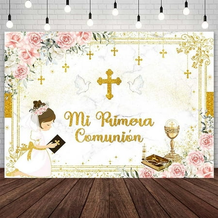 Mi Primera Comunion Backdrop for Girls Christening God Bless Baptism First Holy Communion Photography Background Pink Floral Chalice Doves Baby Shower Party Decorations Banner