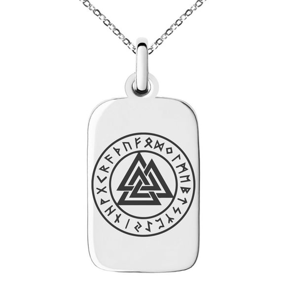 Stainless Steel Norse Valknut Knot Viking Engraved Small Rectangle Dog Tag Charm Pendant Necklace