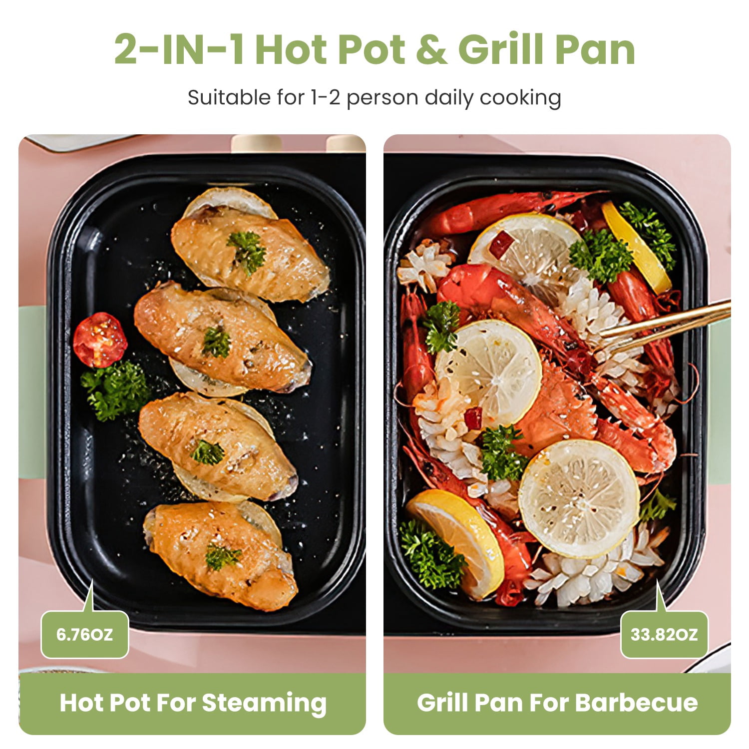 2 In 1 Hot Pot And Grill Combo, Dual Independent Temperature Control Non-Stick Die-Cast Aluminum Cooker, Overheat Protection Small Appliance For 1-2 People Dorm Kitchen Household Use
