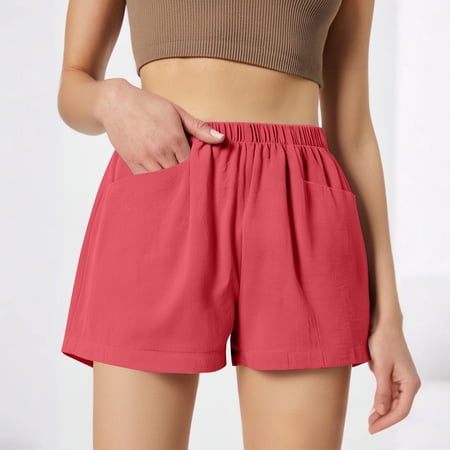 Bbyeadc Women s Cotton Linen Shorts Straight Leg Bottoms Solid Color Elastic Waist Shorts Fashion Summer Mid Waisted Shorts Red(S)
