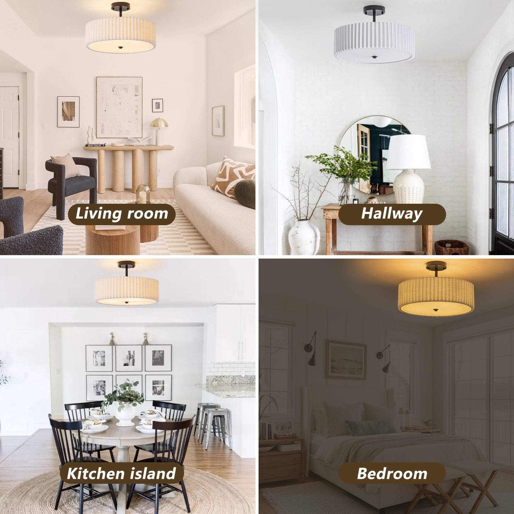 BESTOMINE 16.5 Inch Semi Flush Mount Ceiling Light,3 Light Modern Black Ceiling Light Fixture with Pleated Fabric Shade,Flush Mount Light Fixture for Bedroom,Living Room,Hallway,Dining Room