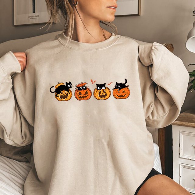 Sudadera con capucha con estampado de gato negro y calabaza, camiseta de manga larga Unisex