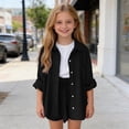thumbnail image 6 of FAVIPT Outfits for Kids 2 Piece Sets Summer Long Sleeve Collared Button Shirts Drawstring Short Pants Casual Solid Sets Black,7 Years, 6 of 9