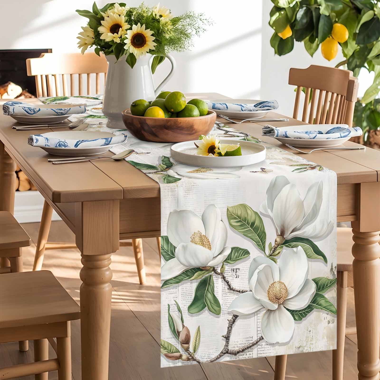 Retro Magnolia on Newspaper Table Runner 90 Inches Long, Butterfly White Floral Green Leaf Table Runners Tabletop Scarf Kitchen Dining Tables Decoration for Home Party Indoor Outdoor