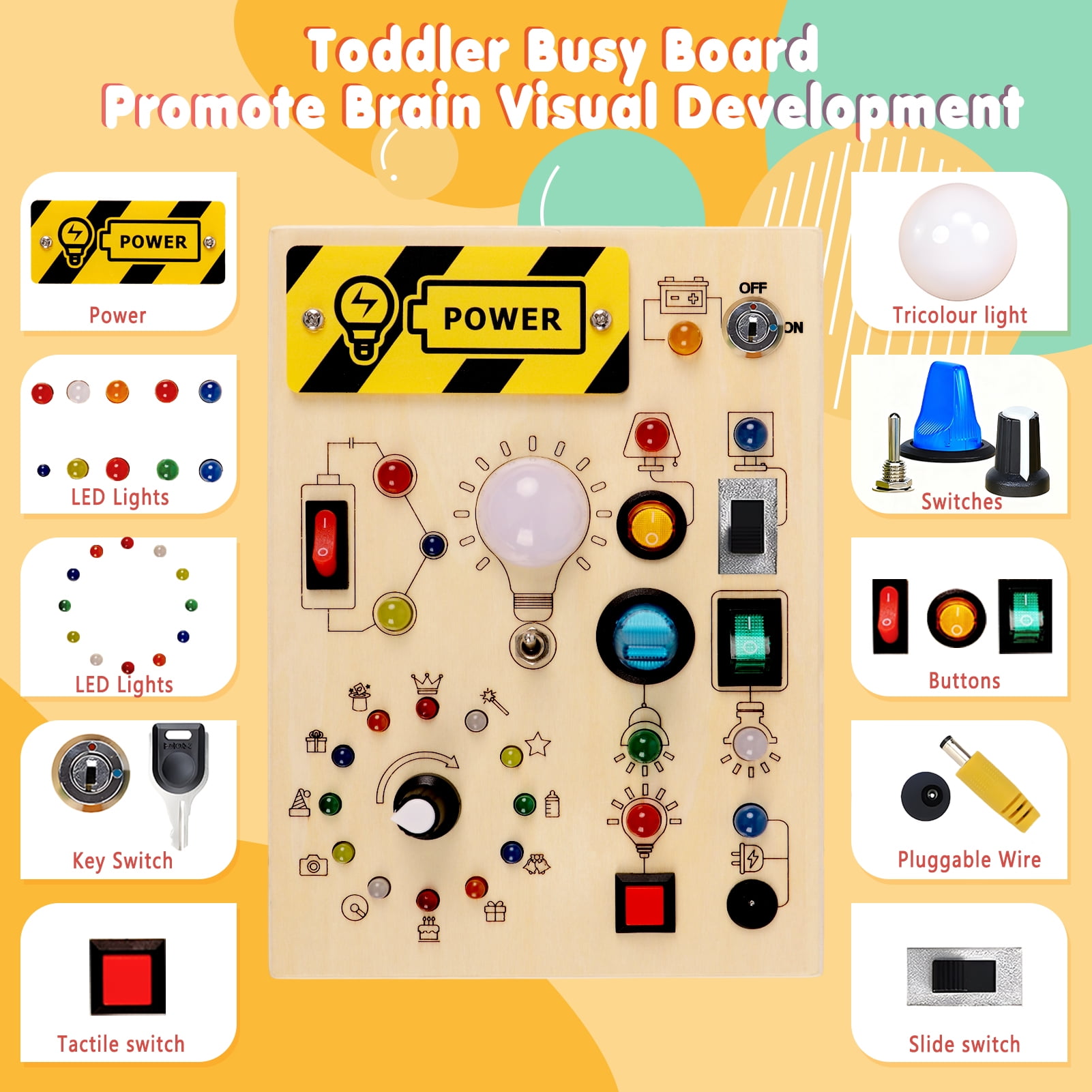 KiddiTouch Montessori  Busy Board,Toddler Wooden Sensory Board Educational Toy with 23 LED Lights,Toddlers Travel Toy Gifts for 1-3 Boys and Girls