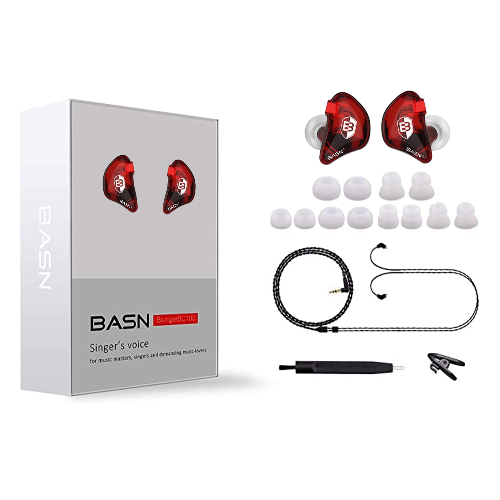 BASN Bsinger BC100 in Ear Monitor Headphones Universal Fit Noise Isolating for Musicians Singers Studio Audiophiles (Red)
