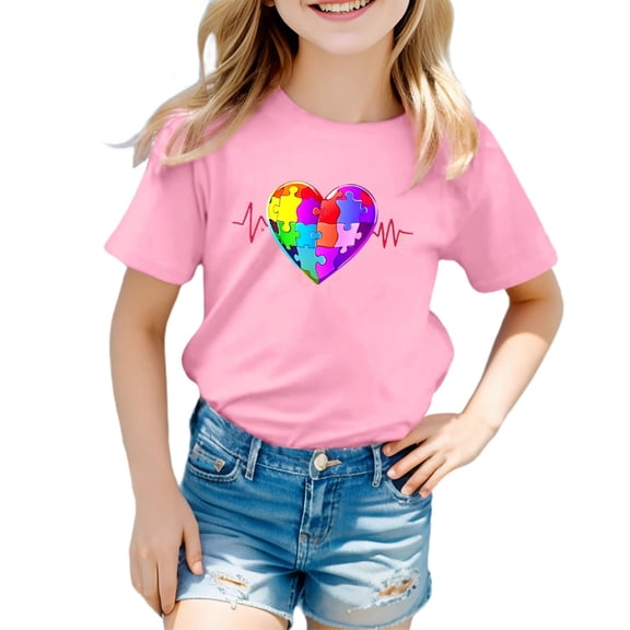 Girl Blouses Casual Leisure Comfort Care Autism Print Heart Tops Trendy