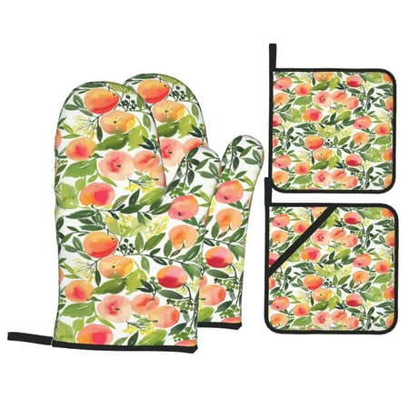 

Oven Mitts and Pot Holders 4 pcs Set Fruits Peach1 Heat Resistant Pot Holders Oven Mitts for kitchen Non-Slip Hanging Loop Oven Glove Potholders for Baking Cooking