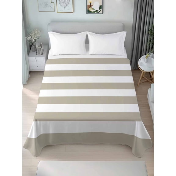 Beige Stripes California King Size Flat Sheet, Wrinkleproof & Fadeproof Cooling Flat Bed Sheet Only, Simple Beige White Texture Breathable Soft Bedding Top Sheets 108 x 98 Inches