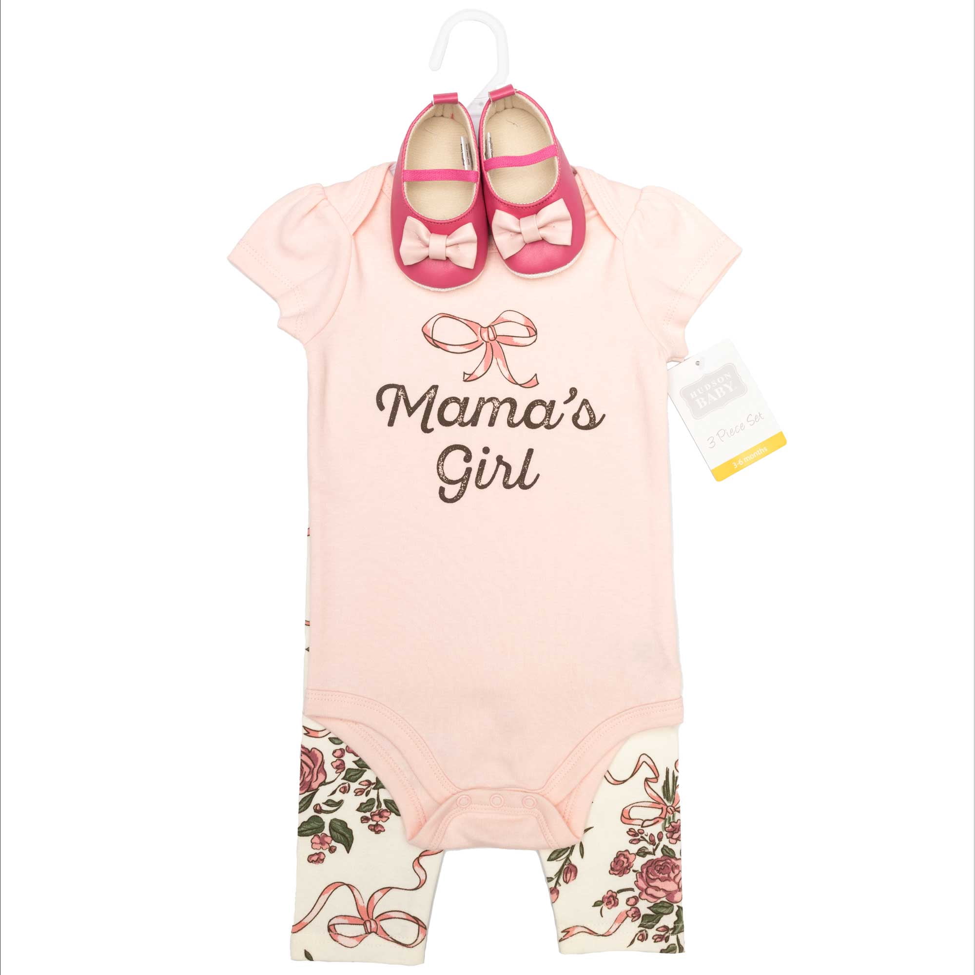Hudson Baby Infant Girls Cotton Bodysuit, Pant and Shoe Set, Floral Bow, 3-6 Months