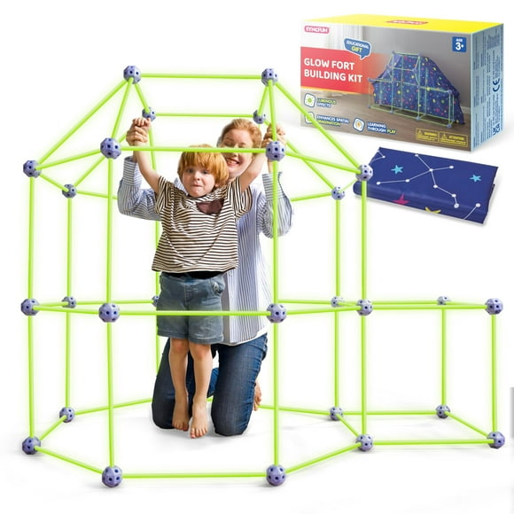 SYNCFUN Glow Fort Building Kit Indoor Outdoor for Kids, Glow in The Dark Creative Fort, DIY Castles Tunnels with Rods and Balls, STEM Construction Toys, Educational Gift for B