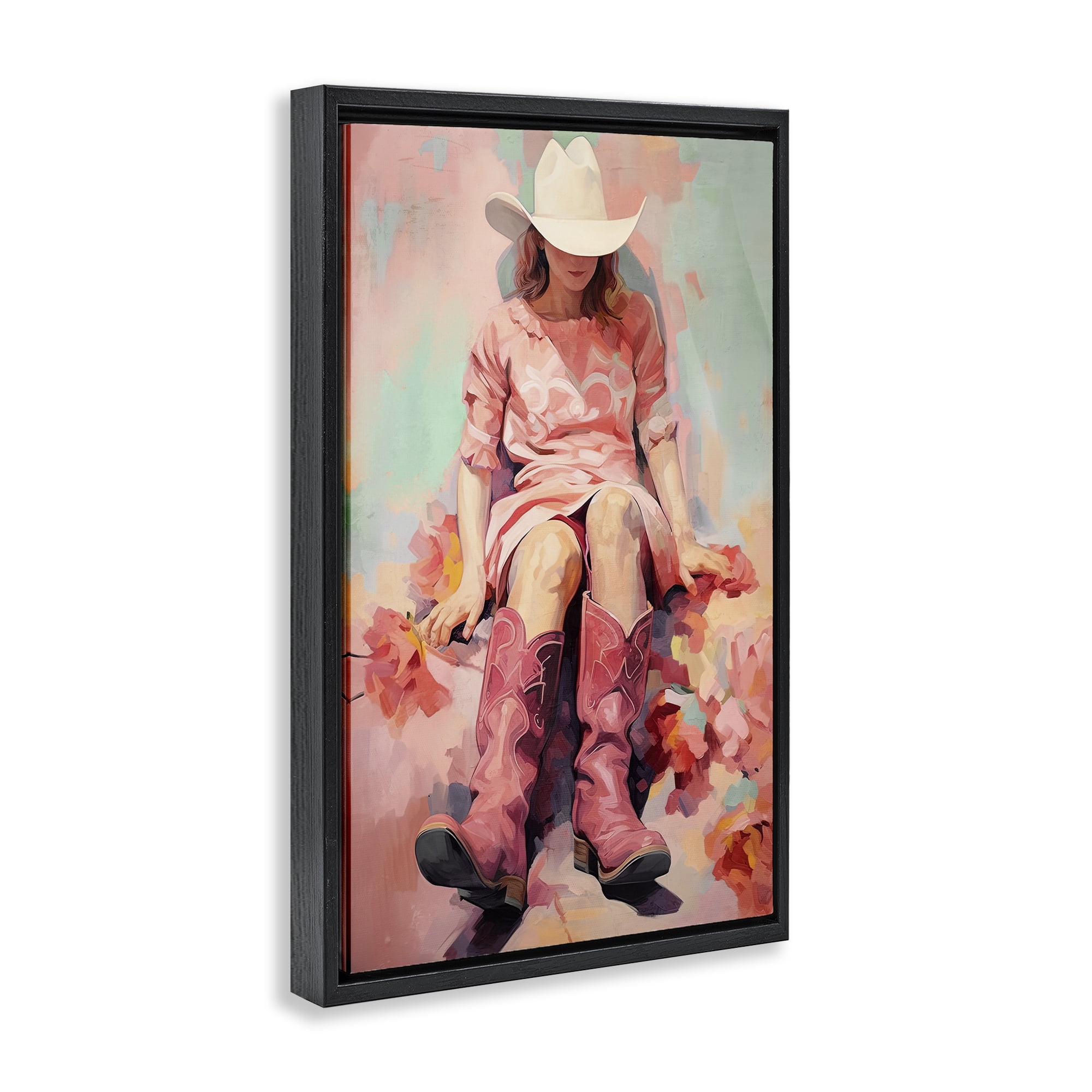 Stupell Industries Cowgirl & Soft Florals Novelty Painting Black Floater Framed Canvas Art Print Wall Art, 21 x 31