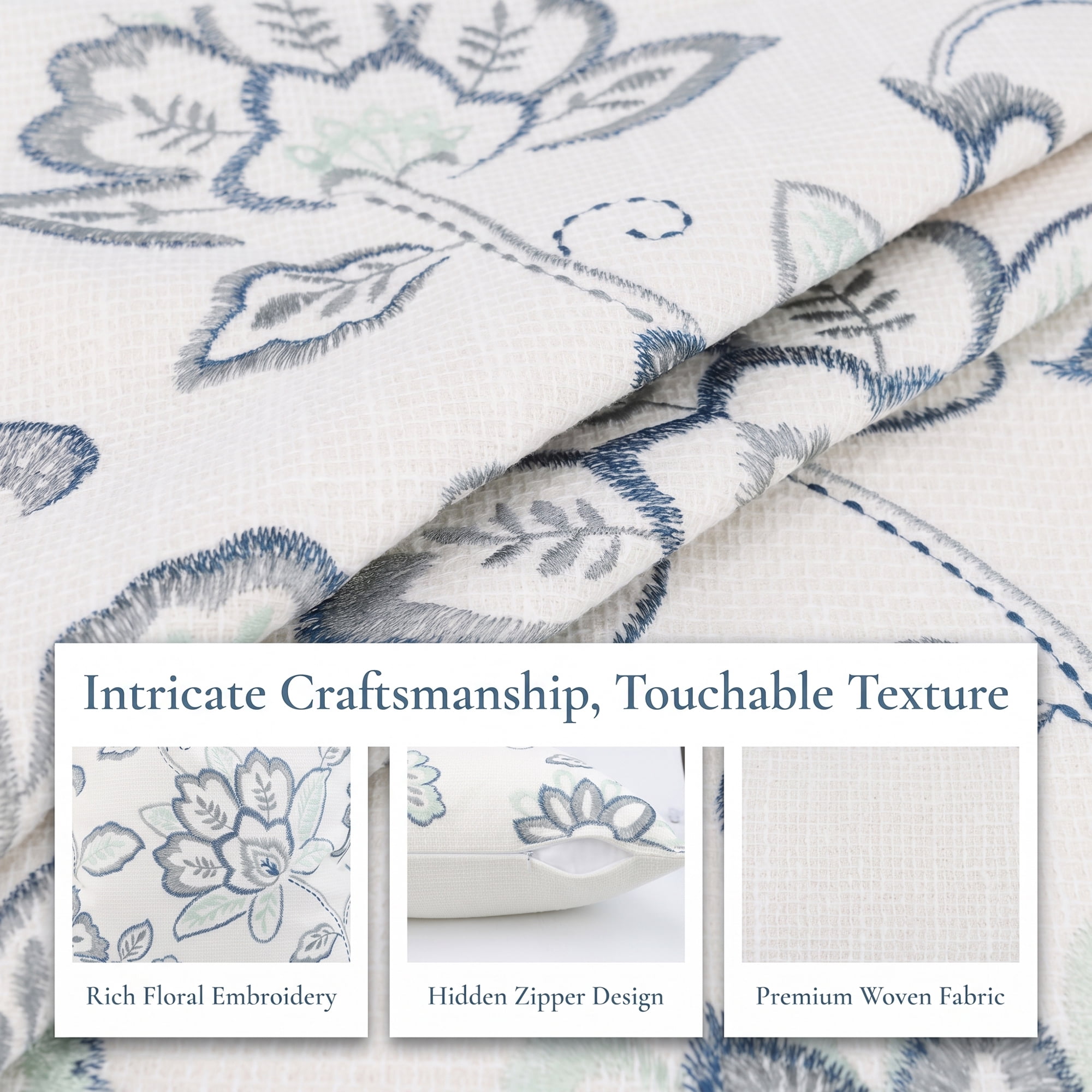 Unique Bargains Embroidered Floral Throw Pillow Cover Rustic Cushion Case Blue 18"x18"