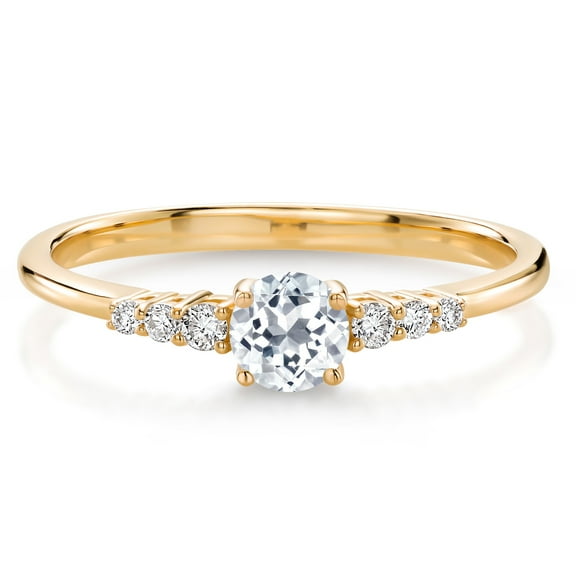 Gem Stone King 10K Yellow Gold White Topaz and Lab Grown Diamond Engagement Ring for Women | 0.42 Cttw | Round 4MM | Gemstone November Birthstone | Wedding Anniversary Promise Ring | Size 5