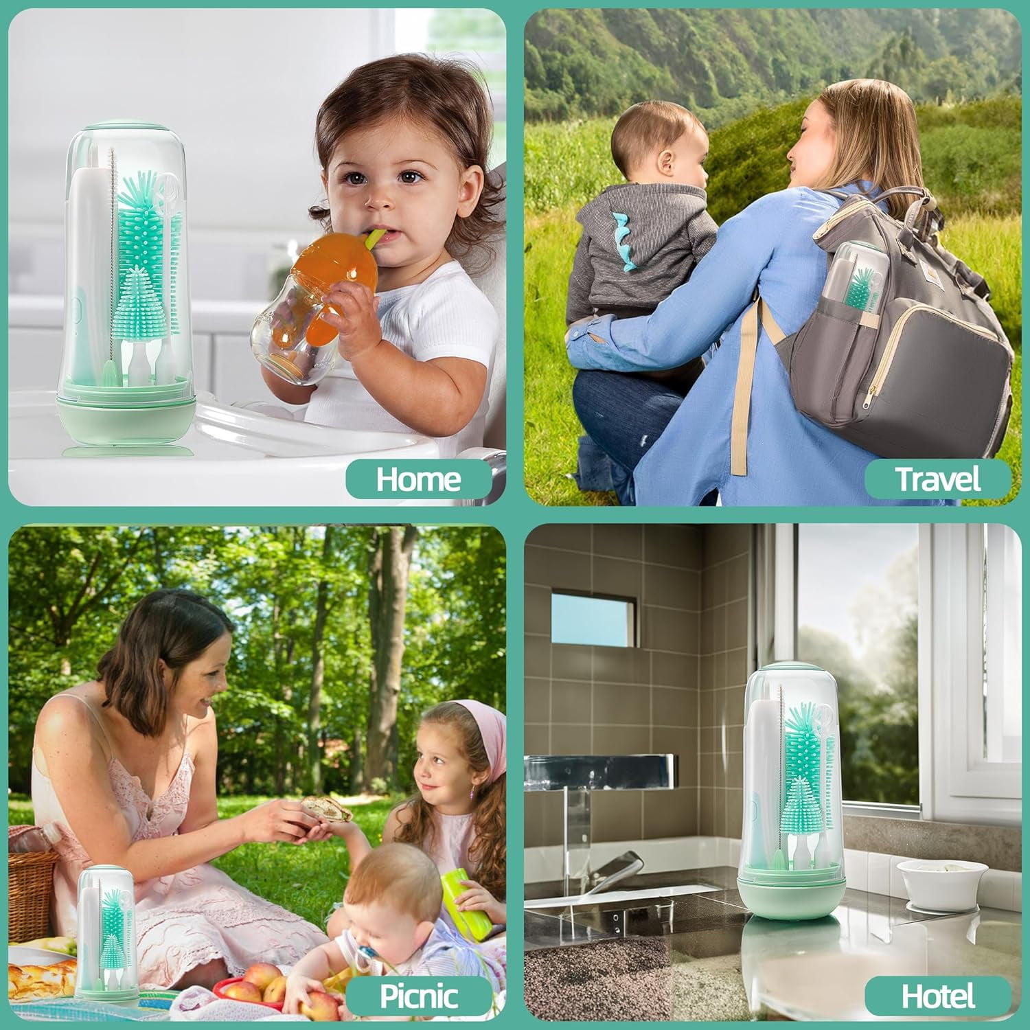Electric Bottle Brush Cleaner, Rechargable Electric Baby Bottle Brush for Travel, Waterproof Electric Bottle Cleaner Set with Nipple & Straw Brush, Perfect Essentials Gift for Mom After Birth, Green