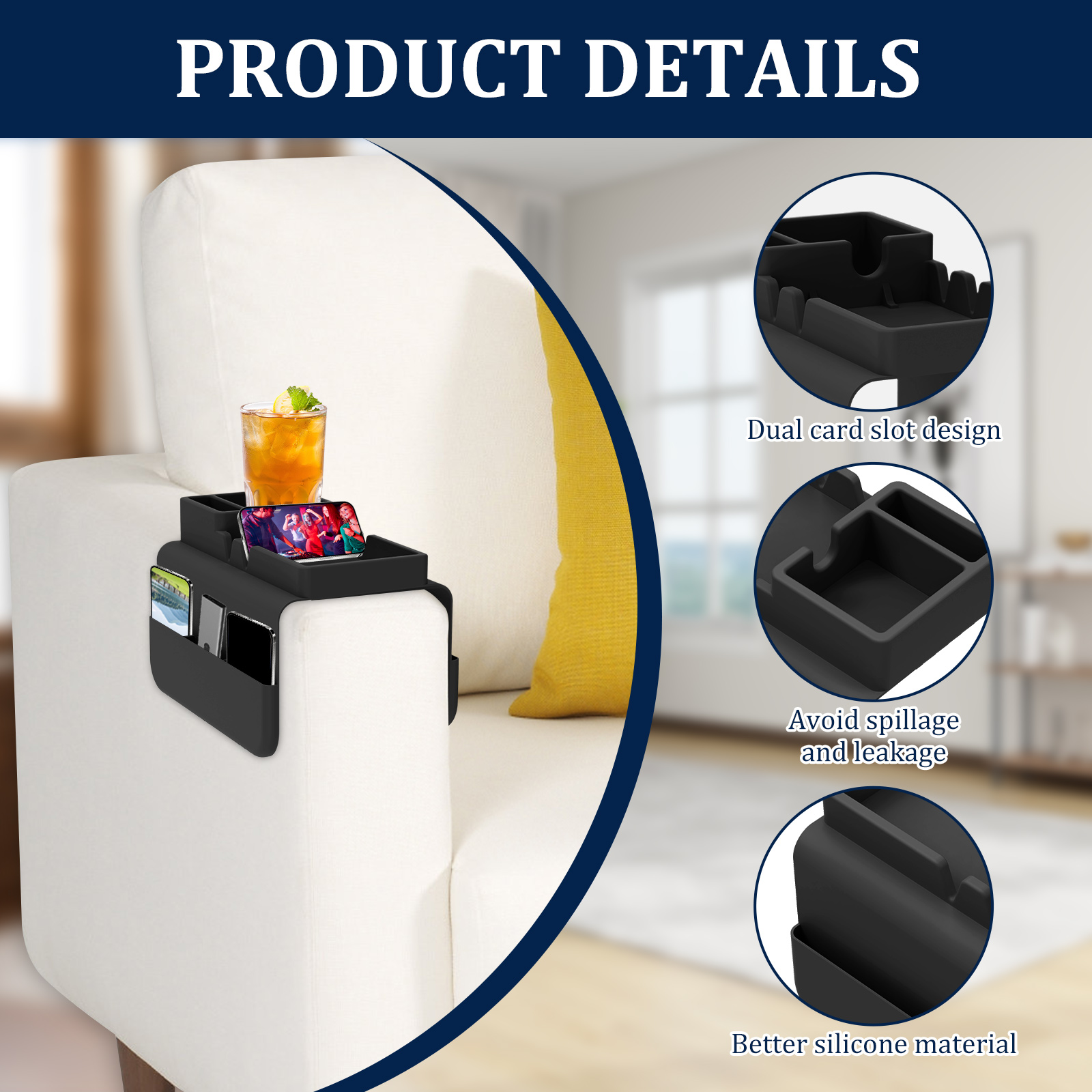 NUAHRHY Couch Cup Holder, Couch Arm Tray, Silicone Sofa Armrest Tray with Dual-Side Pocket, Anti-Spill Chair Recliner Organizer for Cellphone Remote Control Snacks iPad