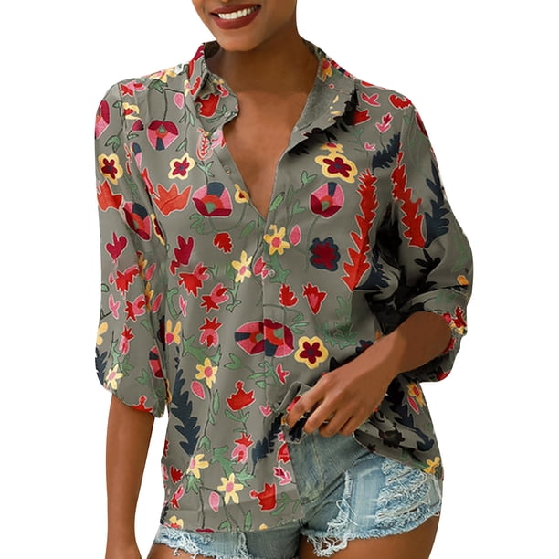 Sonducket Blusa informal con botones de manga larga y estampado de gasa para mujer Prendas para la parte del cuerpo Gris XXL