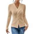 thumbnail image 2 of Sweaters for Women Fall Long Sleeve V Neck Ribbed Knit Sweater Slim Fit Solid Basic Casual Tops Khaki S, 2 of 9