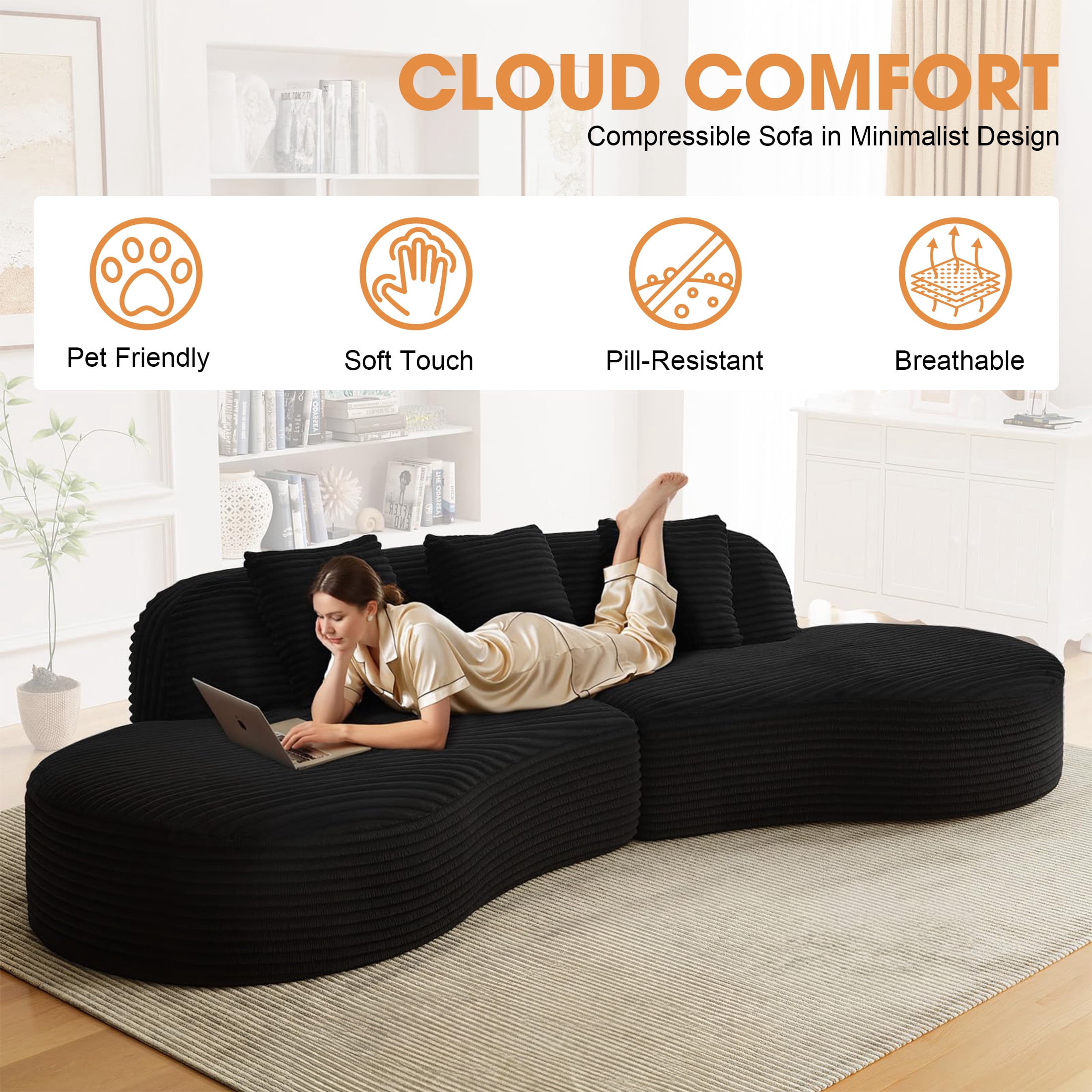 Aukfa 123.2" Oversized Cloud Sectional Sofa – Curved Upholstered Living Room Couch with 3 Pillows, No Assembly, Black