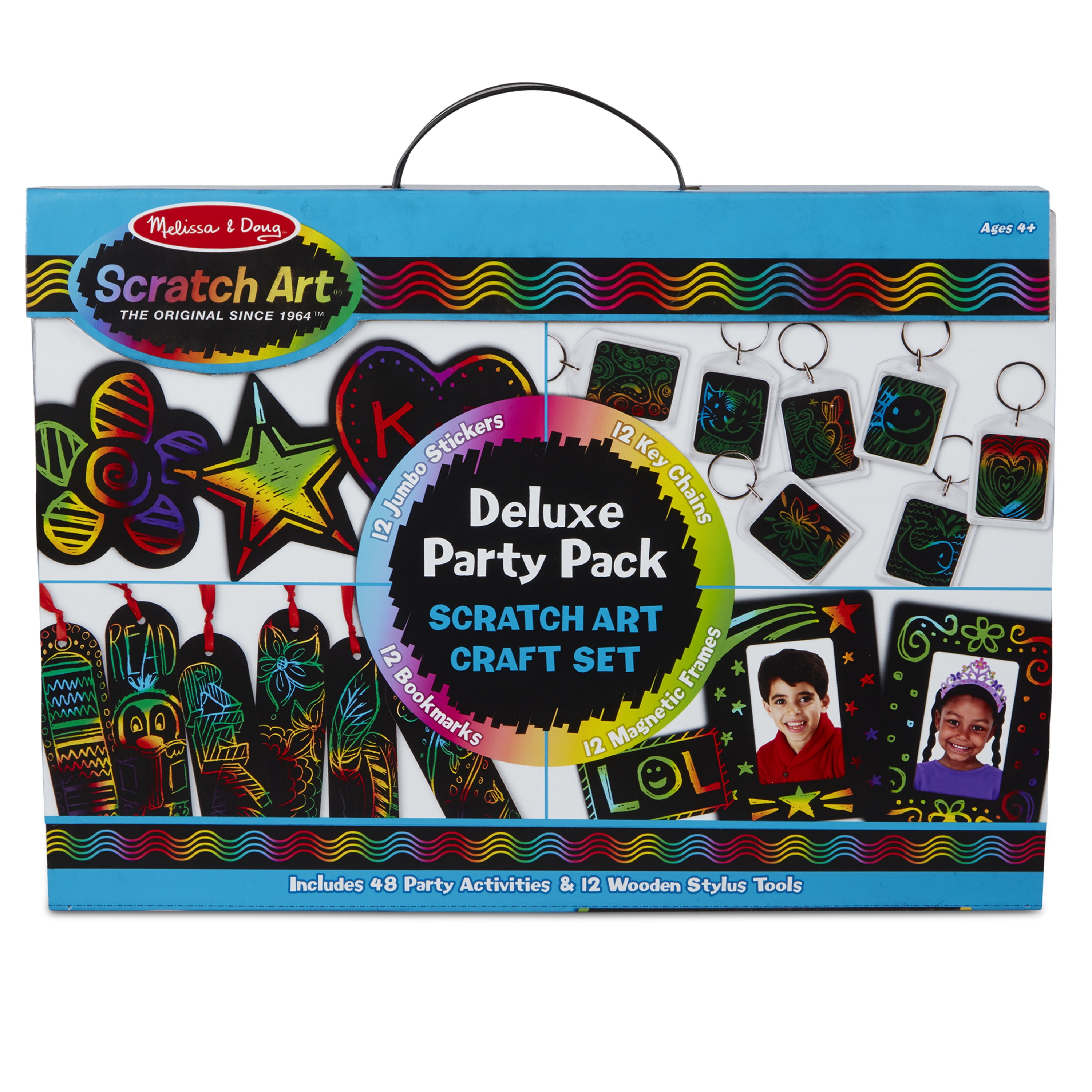 Melissa & Doug Scratch Art® Deluxe Party Pack Craft Set – 12 Jumbo Stickers, 12 Key Chains, 12 Bookmarks, 12 Magnetic Frames, 12 Stylus