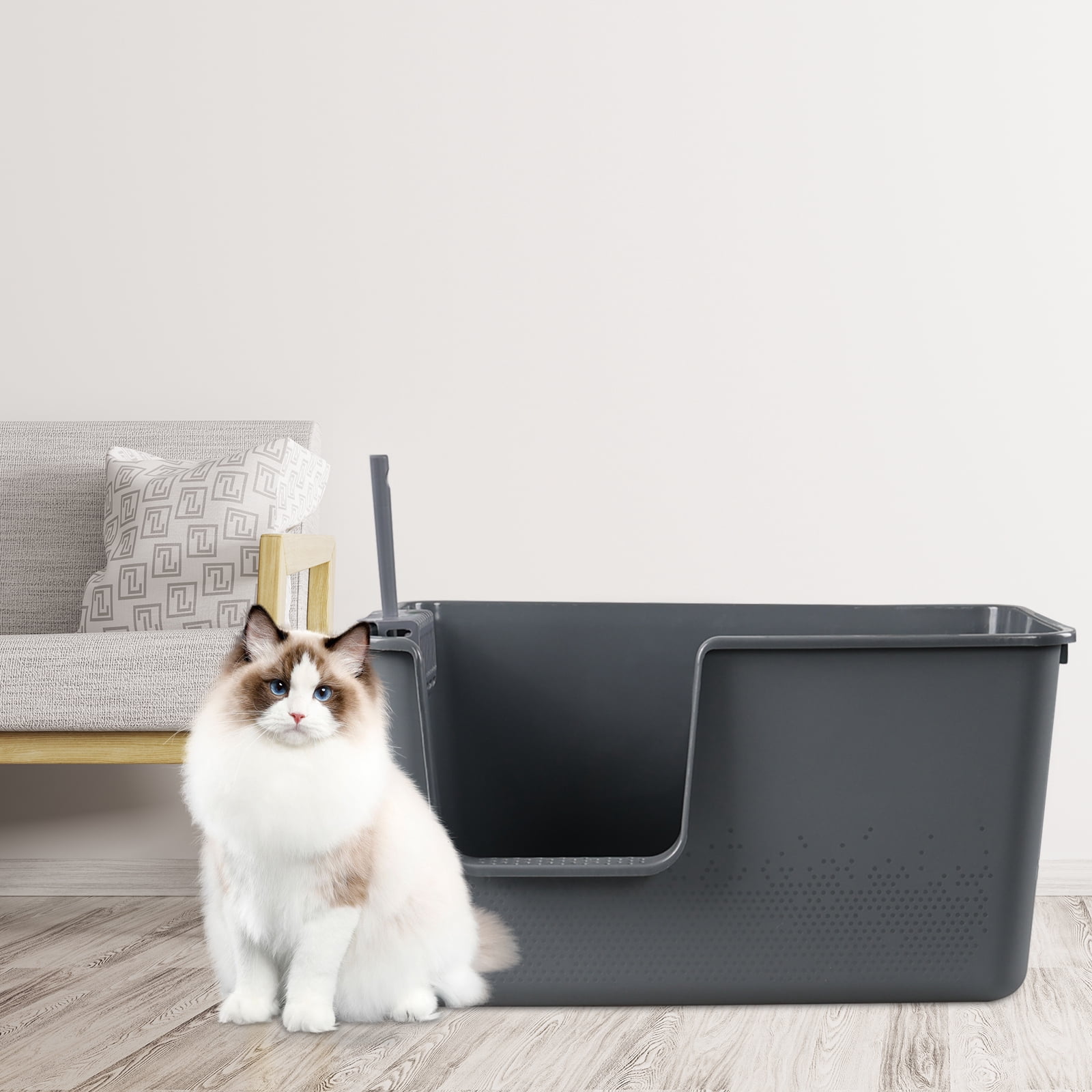 Lesbin 4-Pack Open Top Large Cat Litter Box with High Sided, 12.8" Heigh Anti-Splashing Kitty Litter Box with Scoop, Gray