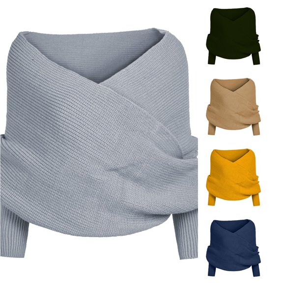 Krdevn Women Solid Wrap Knit Sweater Scarf, Off‑Shoulder V‑Cross Neck Batwing Long Sleeve Convertible Shawl Top