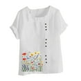thumbnail image 5 of HOMBOM Plus Size Shirts for Women Summer Button Cotton Linen Short Sleeve White Casual Crewneck Ladies Blouse Floral, 5 of 5