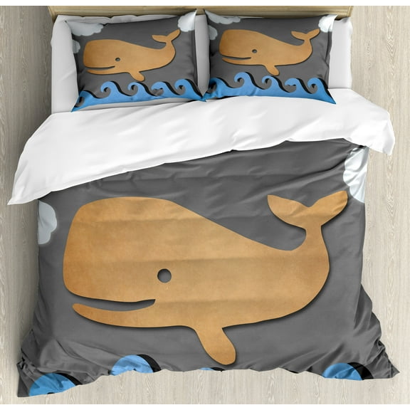 Ambesonne Animal Duvet Cover Set, Wooden Paper Base Whale, King, Grey Blue and Brown