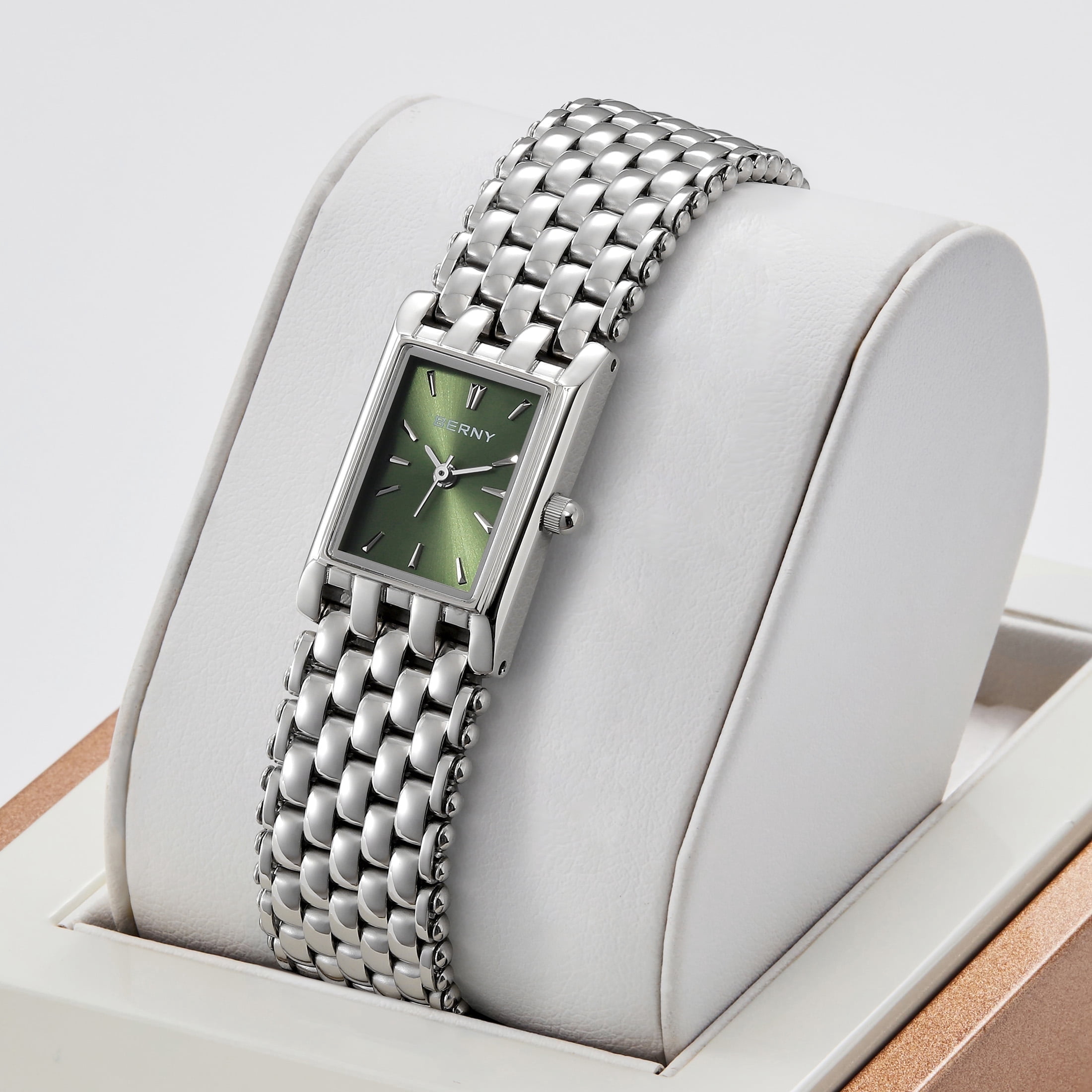 BERNY Small Silver Watches for Women, Dainty Rectangular Women Watch with Stainless Steel Bracelet Band, Japanese Quartz Movement, 3ATM Waterproof, Classic Dress Ladies Wristwatch (Green)