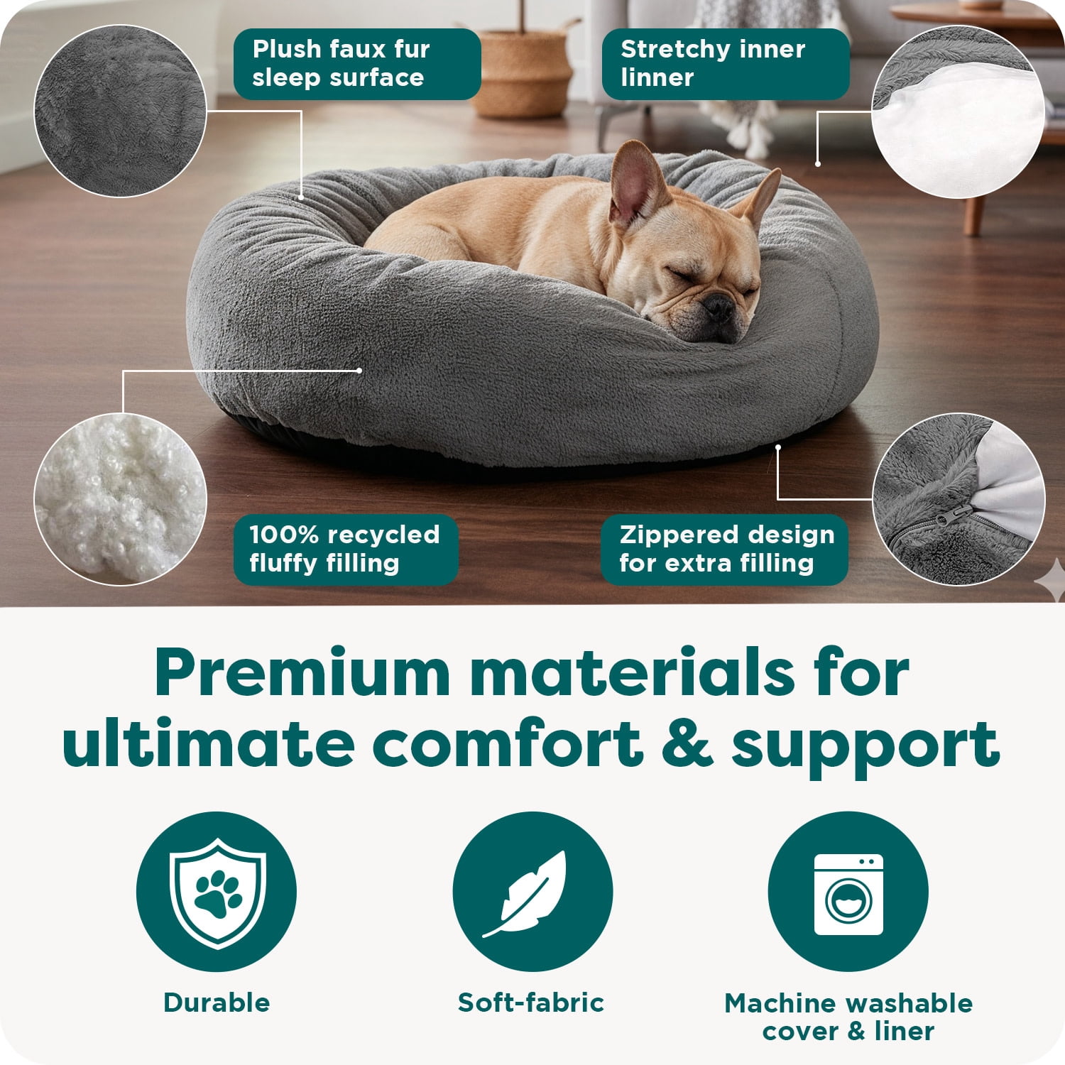 FurHaven Pet Products Round Plush Ball Dog Bed - Gray Mist, Medium - 26"