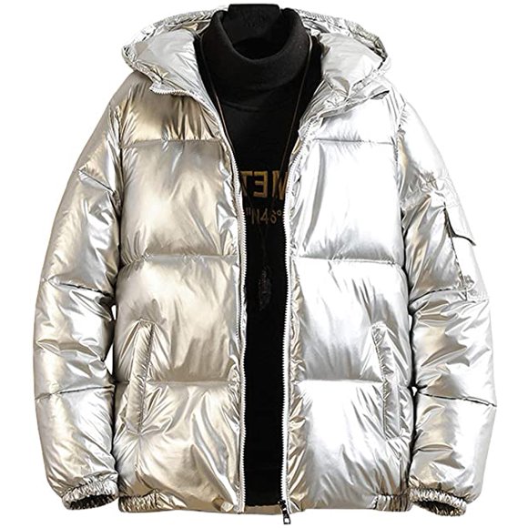 Manteau Bomber Court Décontracté pour Homme à Capuche, Fermeture Éclair Intégrale, Métallique Brillant, Alternative au Duvet (Argent, G)