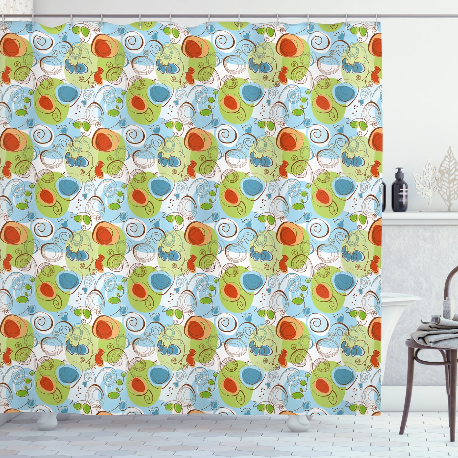 Funky Shower Curtain, Whimsical Fun Pattern with Random Swirls Spirals