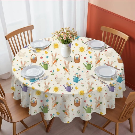 Easter and Watering Cans Cream Pattern Round Tablecloth 60", Wrinkle-Resistant Wipeable Cover for Kitchen, Dining, Picnic & Patio